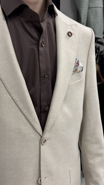 Bej %100 Keten Sivri Yaka Slim Fit 2'li Takım Elbise (Ceket + Pantolon)