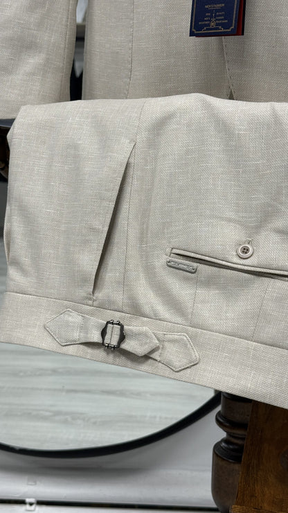 Bej %100 Keten Sivri Yaka Slim Fit 2'li Takım Elbise (Ceket + Pantolon)
