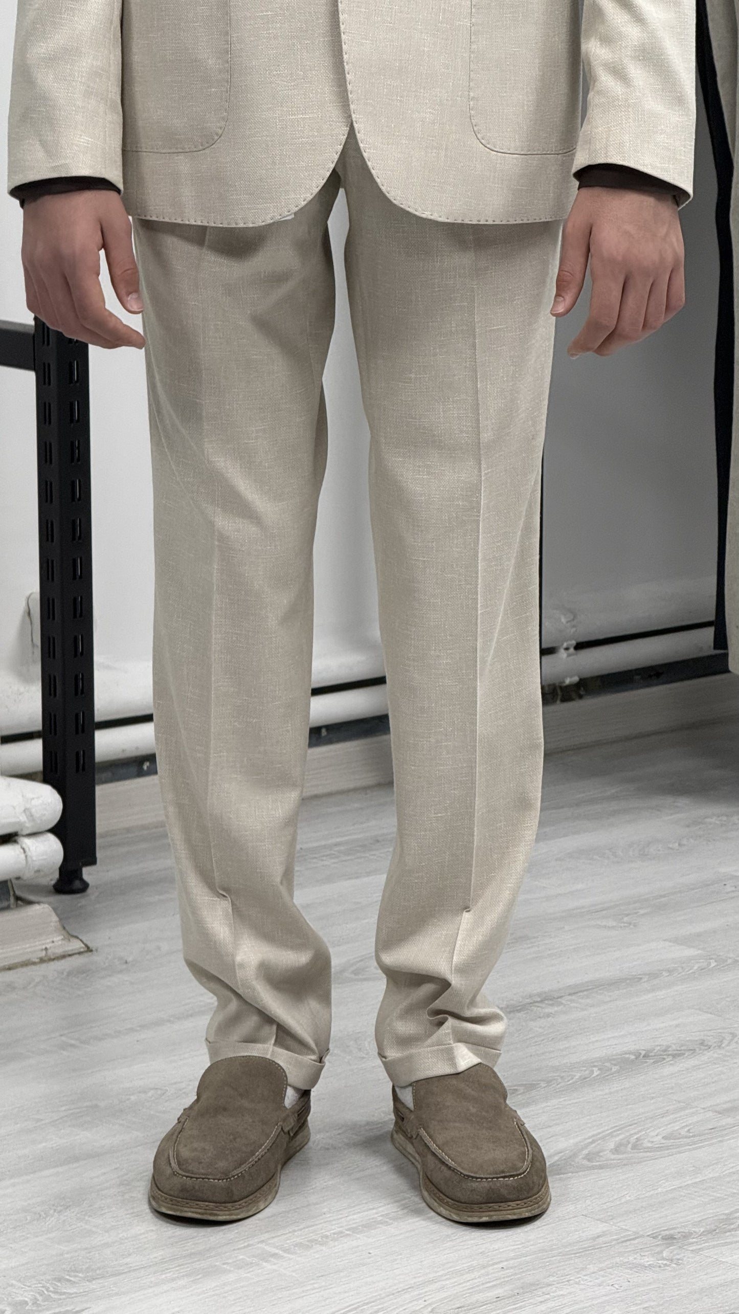 Bej %100 Keten Sivri Yaka Slim Fit 2'li Takım Elbise (Ceket + Pantolon)