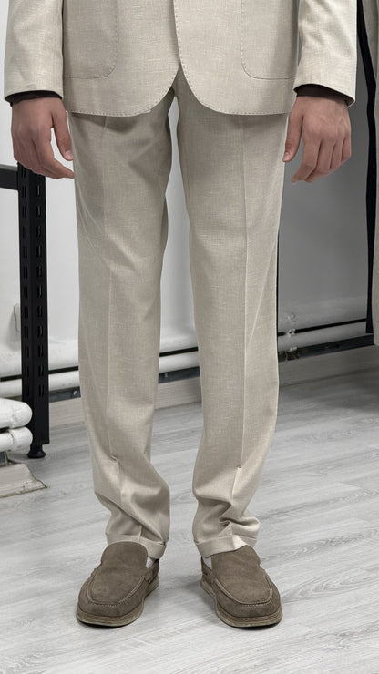 Bej %100 Keten Sivri Yaka Slim Fit 2'li Takım Elbise (Ceket + Pantolon)