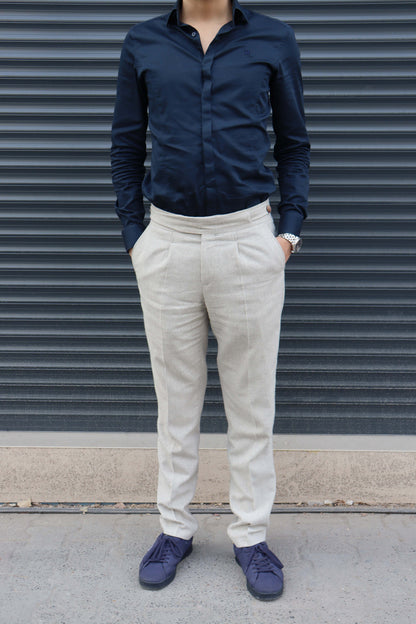 Daniel Voi Bej İtalyan Kesim Yan Düğmeli Pileli Şık Kumaş Pantolon