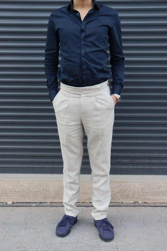 Daniel Voi Bej İtalyan Kesim Yan Düğmeli Pileli Şık Kumaş Pantolon