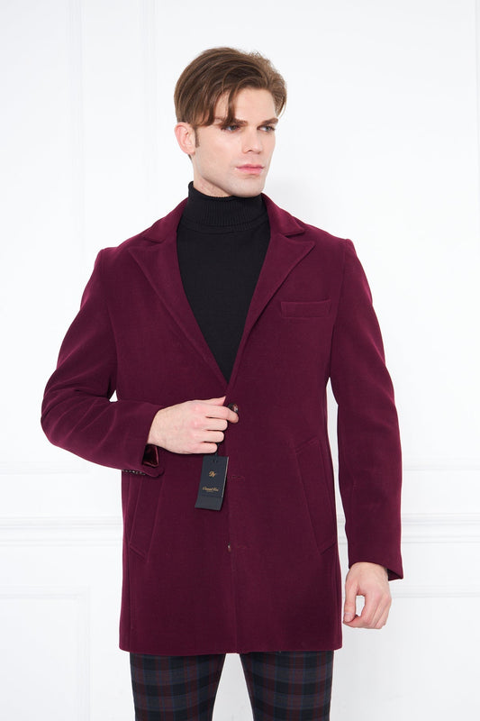 Men's Claret Red Slim Fit Pointed Collar Buttoned Coat