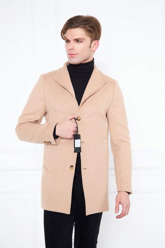 Men's Brown Slim Fit Judge Collar Buttoned Coat