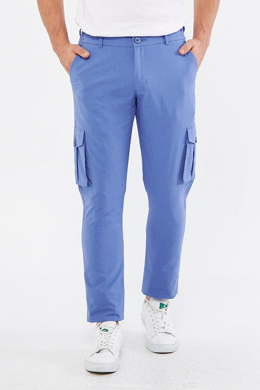 Men's Blue Slim Fit Casual Cargo Pants with Pockets