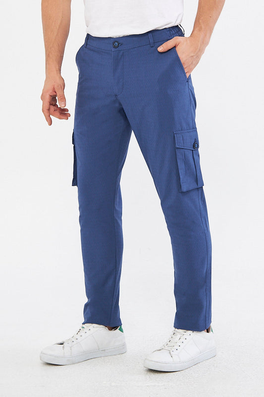 Men's Cargo Pocket Light Navy Blue Slim Fit Casual Trousers