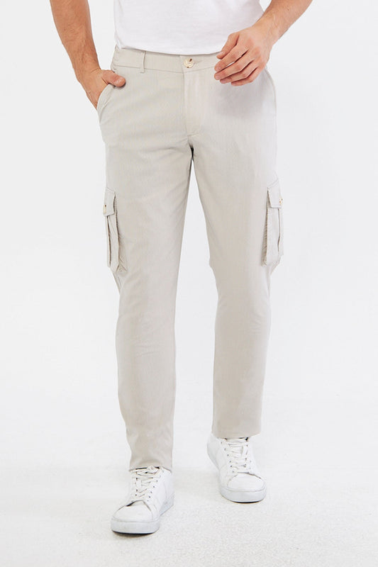 Men's Beige Slim Fit Casual Cargo Pants with Pockets