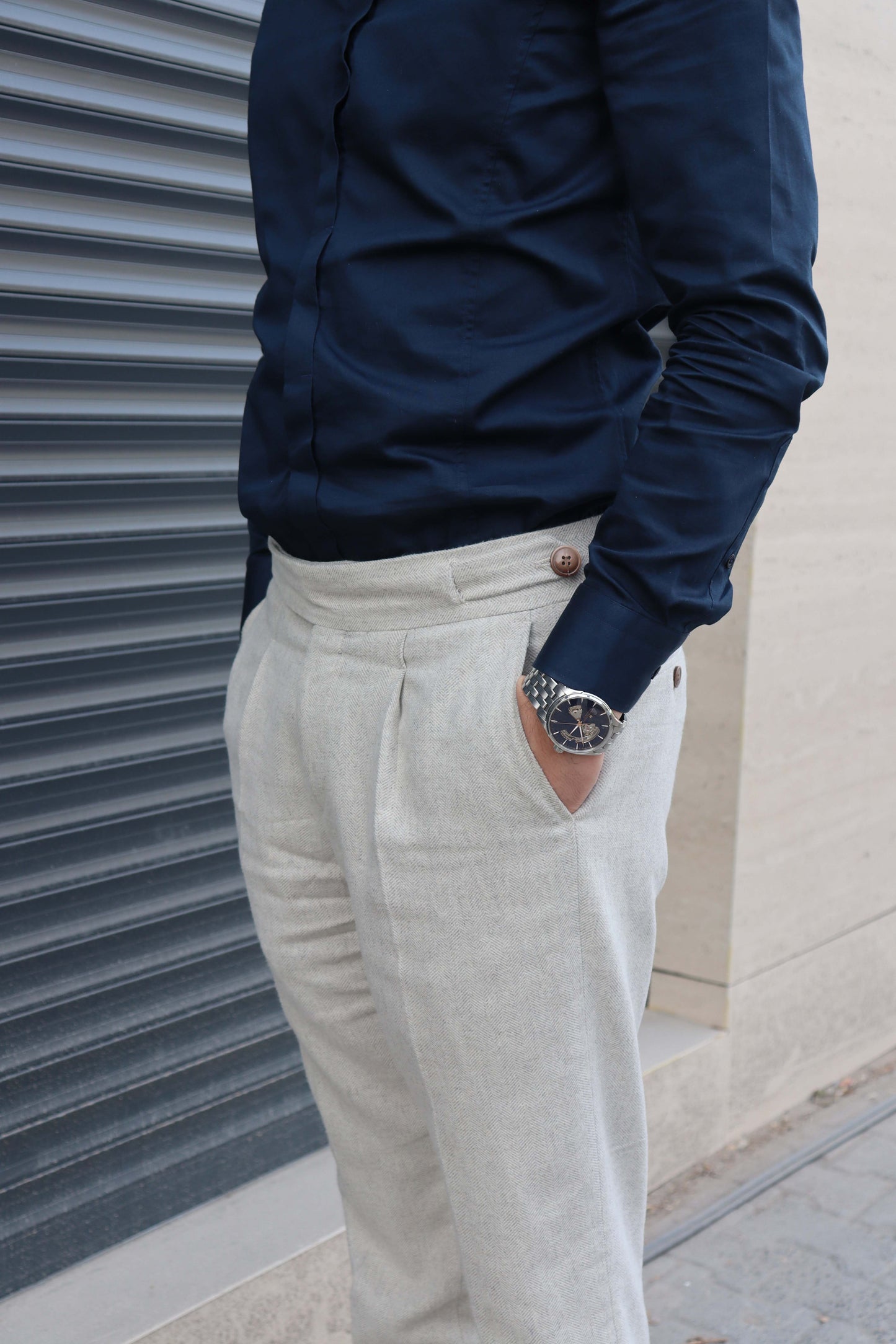 Daniel Voi Bej İtalyan Kesim Yan Düğmeli Pileli Şık Kumaş Pantolon