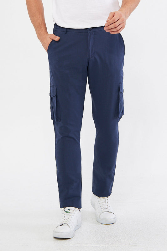 Men's Dark Navy Blue Slim Fit Casual Cargo Pants with Pockets