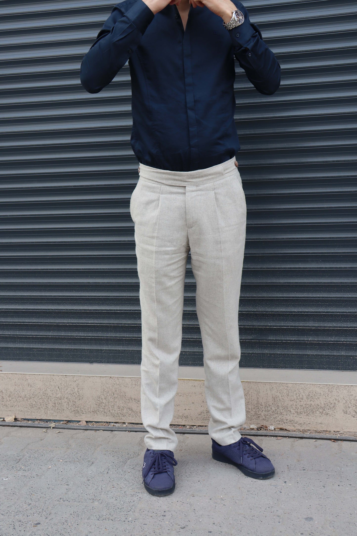 Daniel Voi Bej İtalyan Kesim Yan Düğmeli Pileli Şık Kumaş Pantolon