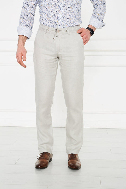 Men's Elastic Regular Fit 100% Linen Linen Grey Trousers