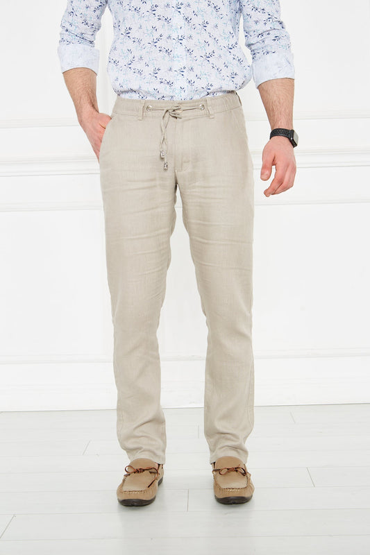 Men's Elastic Regular Fit 100% Linen Linen Dark Beige Trousers