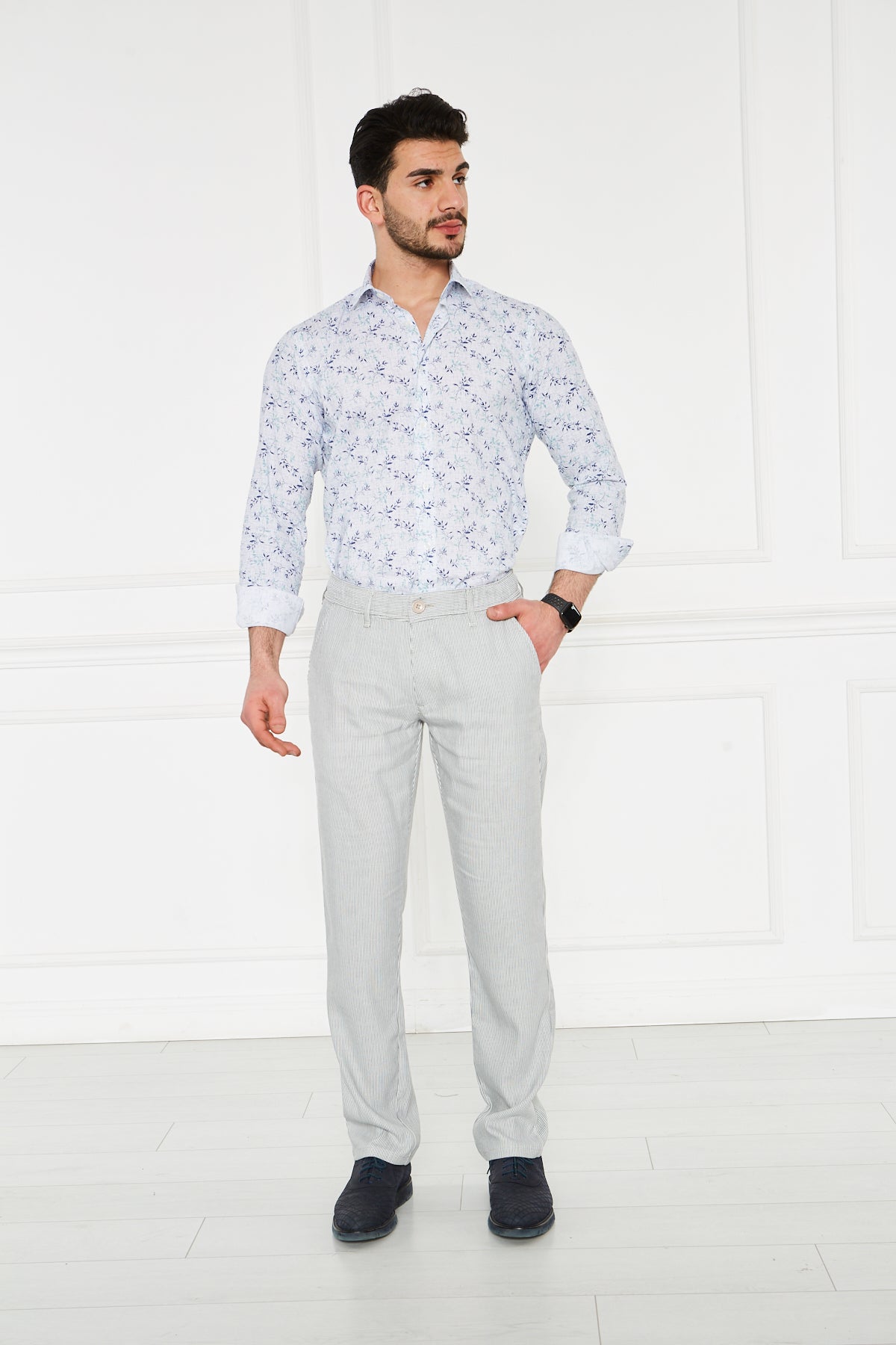 Striped Navy Blue Regular Fit 100% Linen Trousers