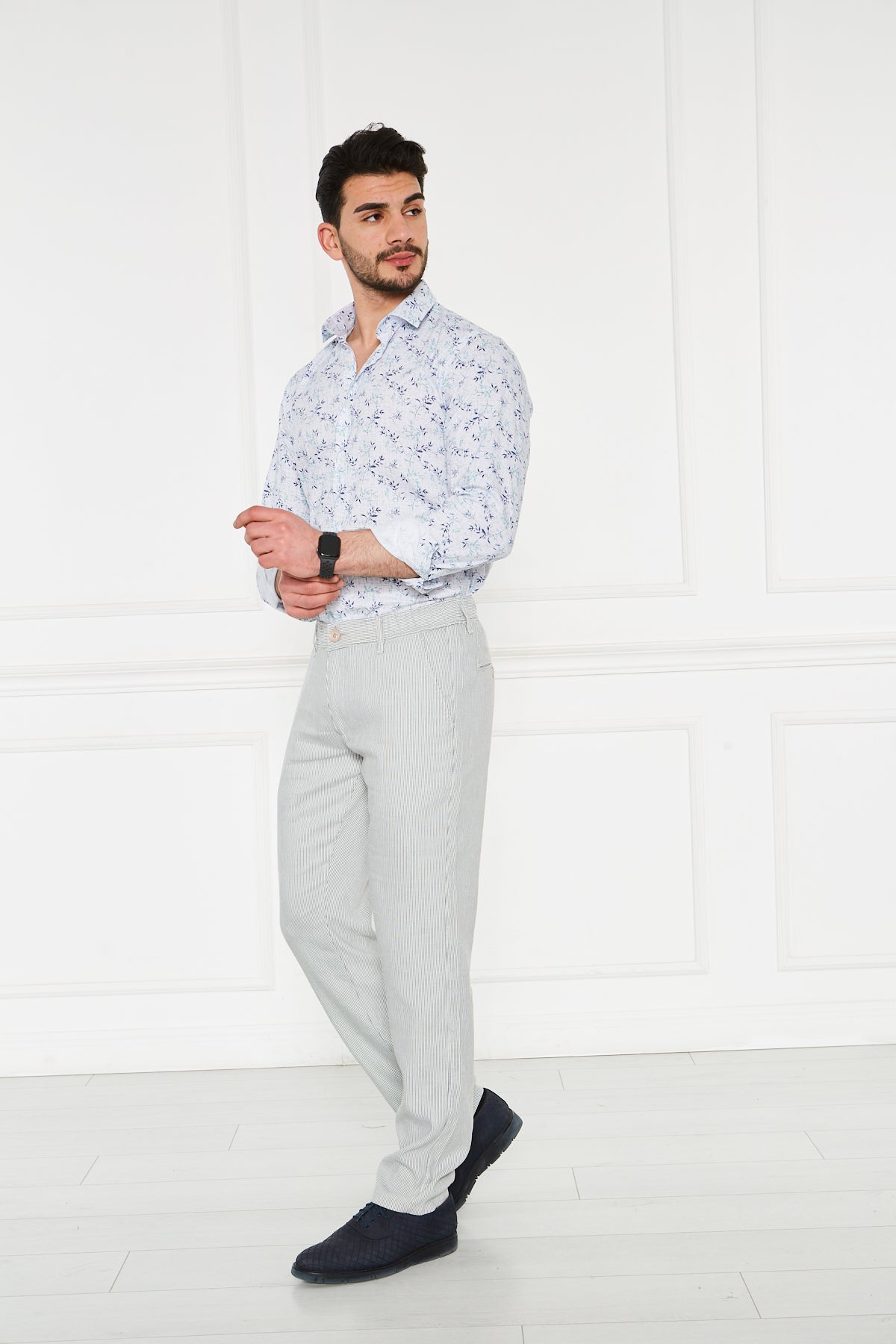 Striped Navy Blue Regular Fit 100% Linen Trousers