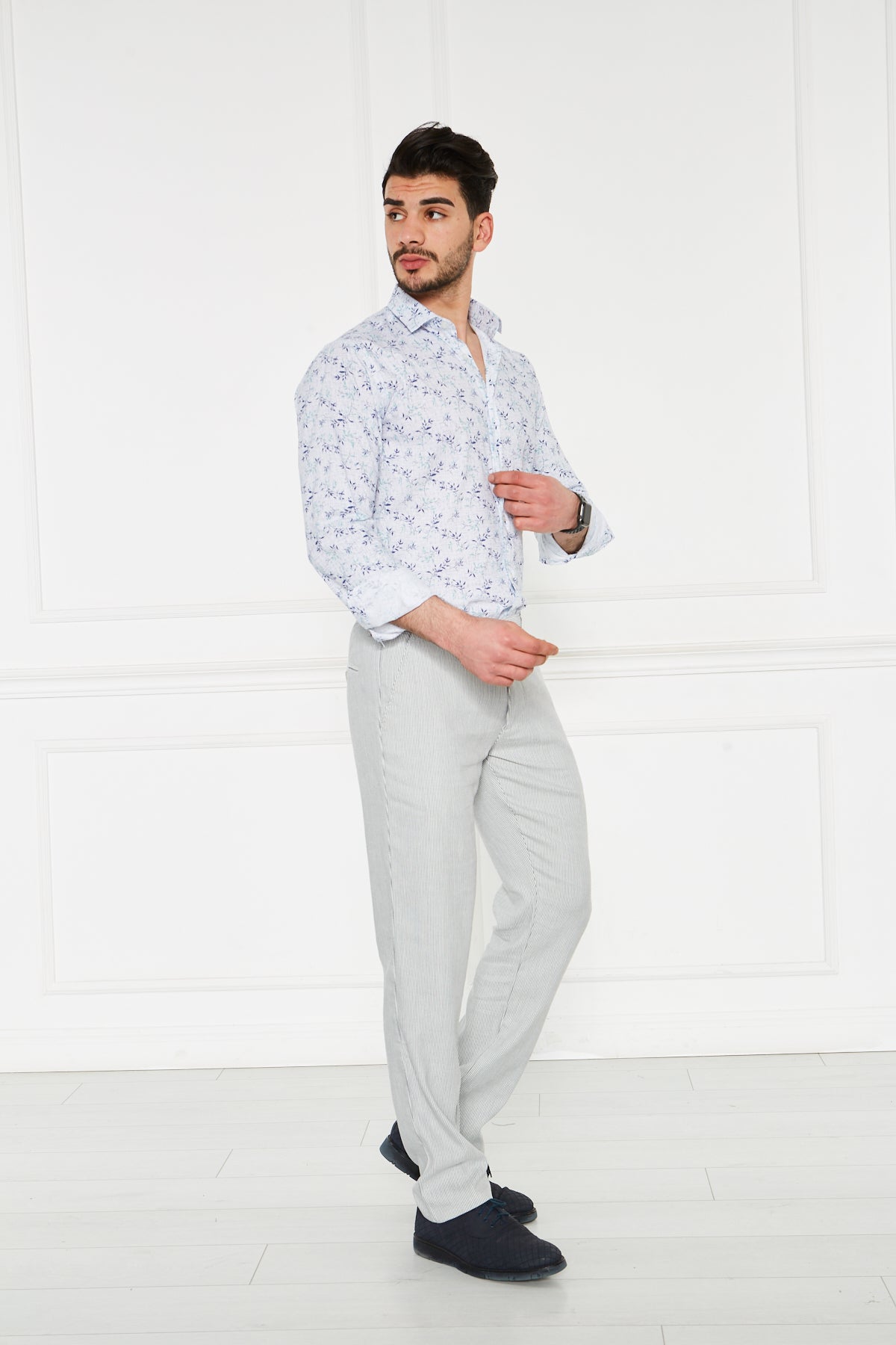 Striped Navy Blue Regular Fit 100% Linen Trousers