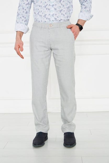 Striped Navy Blue Regular Fit 100% Linen Trousers