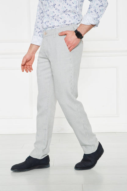 Striped Navy Blue Regular Fit 100% Linen Trousers