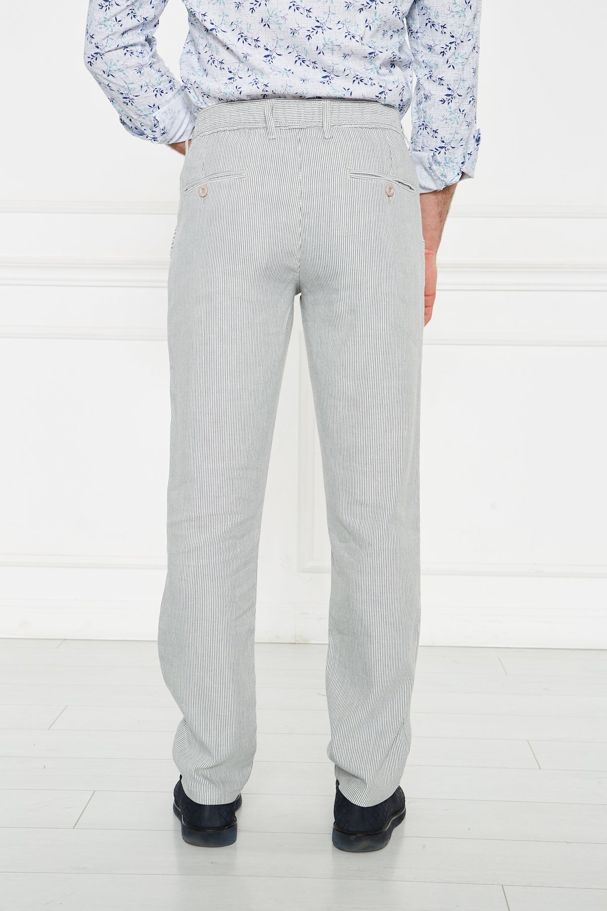 Striped Navy Blue Regular Fit 100% Linen Trousers