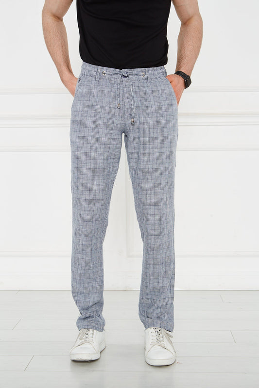 Men's Navy Blue Checkered Elastic 100% Linen Trousers