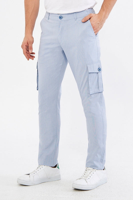 Men's Cargo Pocket Ice Blue Slim Fit Casual Trousers