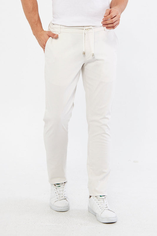 Mid Season Slim Fit Cotton Half Elastic Waist Cream Men's Trousers - Elegance in Comfort