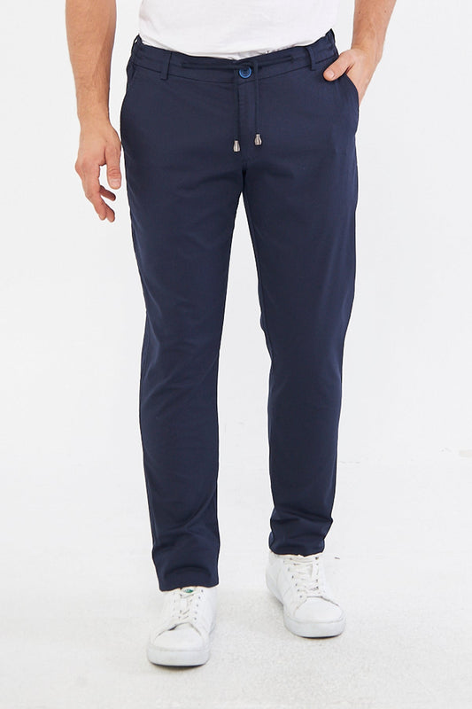 Mid Season Slim Fit Cotton Half Elastic Waist Dark Navy Blue Men's Trousers - Elegance in Comfort