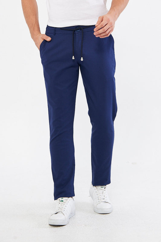 Mid Season Slim Fit Cotton Half Elastic Waist Light Navy Blue Men's Trousers - Elegance in Comfort