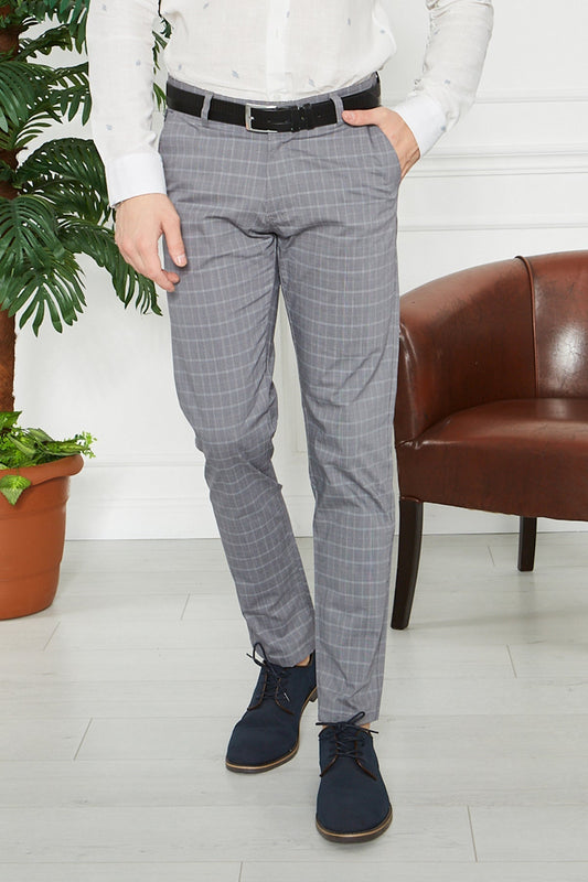 Men's Checkered Gray Slim Fit Trousers