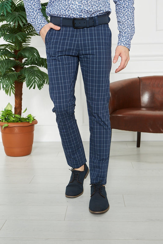 Men's Checkered Navy Blue Slim Fit Trousers 