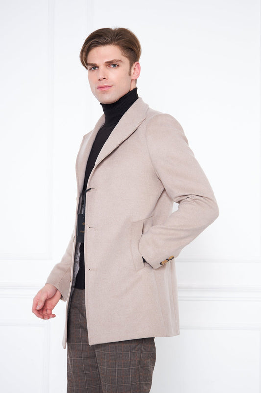 Men's Beige Slim Fit Judge Collar Buttoned Coat