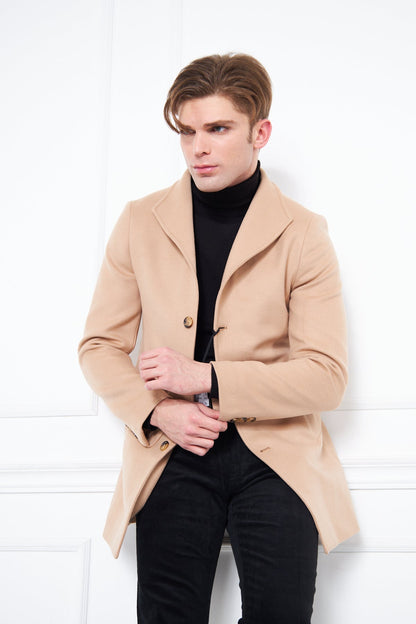 Men's Brown Slim Fit Judge Collar Buttoned Coat