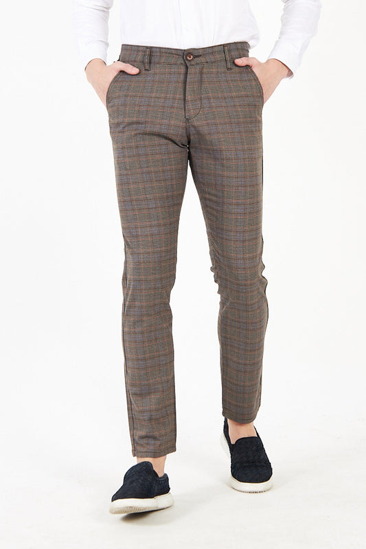 Men's Checkered Plaid Smoked Slim Fit Trousers 