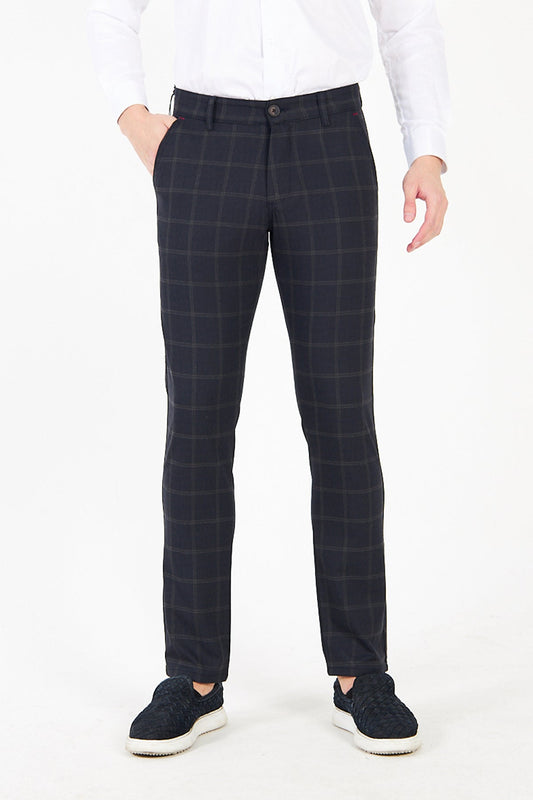 Men's Checkered Plaid Navy Blue Slim Fit Trousers 