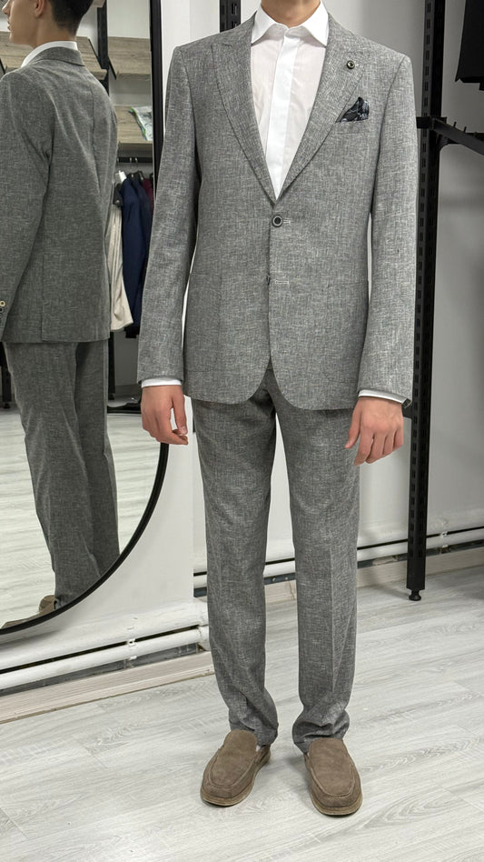 Açık Gri %100 Keten Sivri Yaka Slim Fit 2'li Takım Elbise (Ceket + Pantolon)