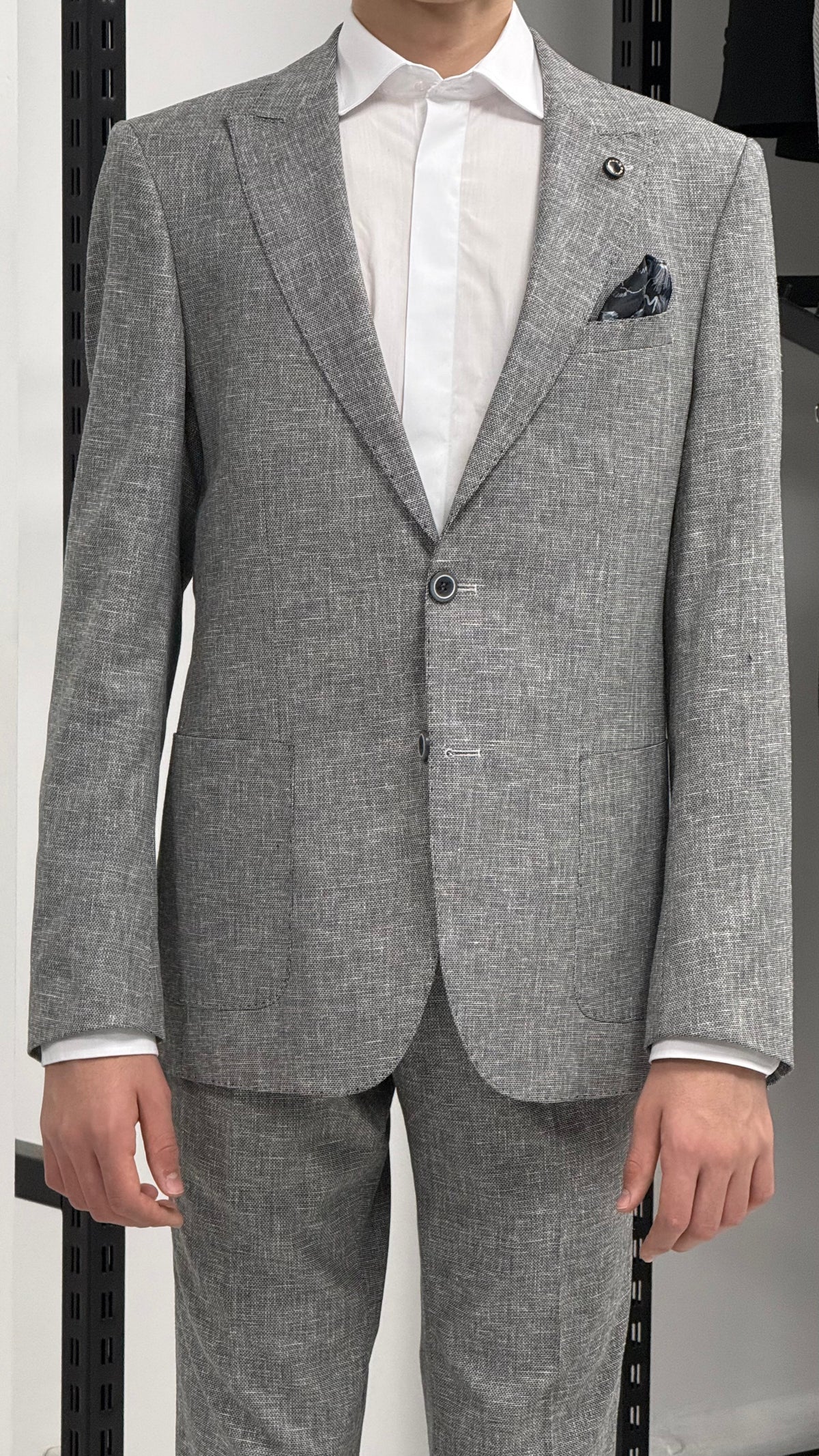 Açık Gri %100 Keten Sivri Yaka Slim Fit 2'li Takım Elbise (Ceket + Pantolon)