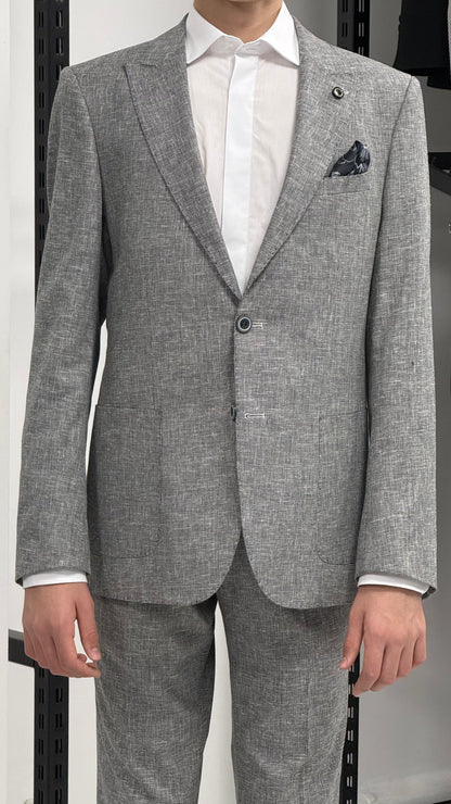 Açık Gri %100 Keten Sivri Yaka Slim Fit 2'li Takım Elbise (Ceket + Pantolon)