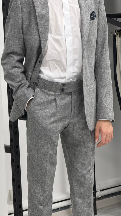 Açık Gri %100 Keten Sivri Yaka Slim Fit 2'li Takım Elbise (Ceket + Pantolon)