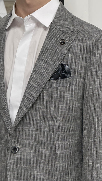 Açık Gri %100 Keten Sivri Yaka Slim Fit 2'li Takım Elbise (Ceket + Pantolon)