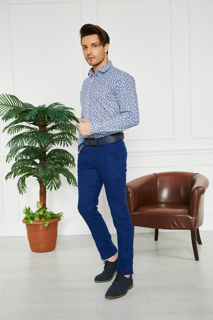 Erkek Düz Sax %100 Keten Slim Fit Pantolon