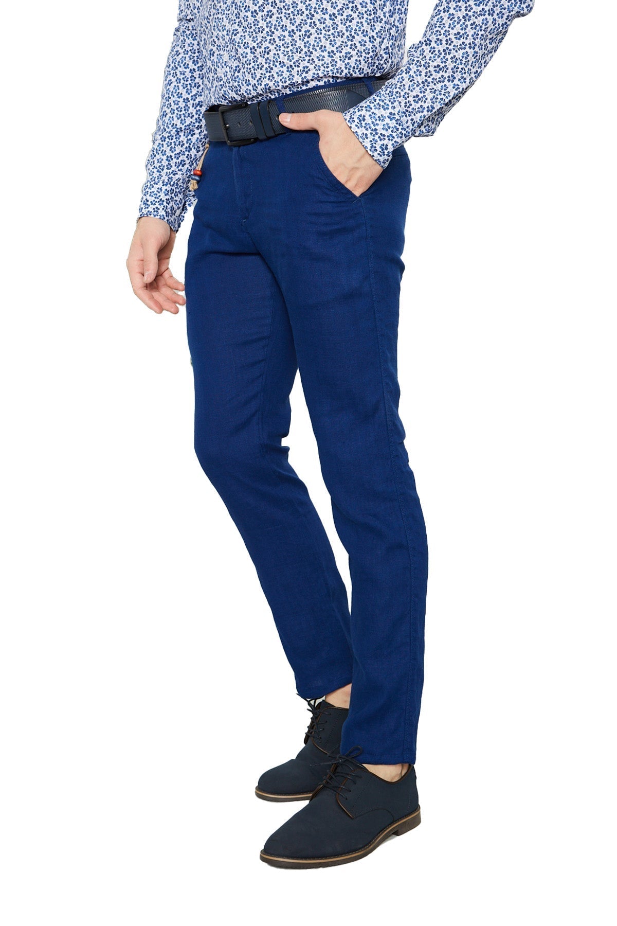 Erkek Düz Sax %100 Keten Slim Fit Pantolon