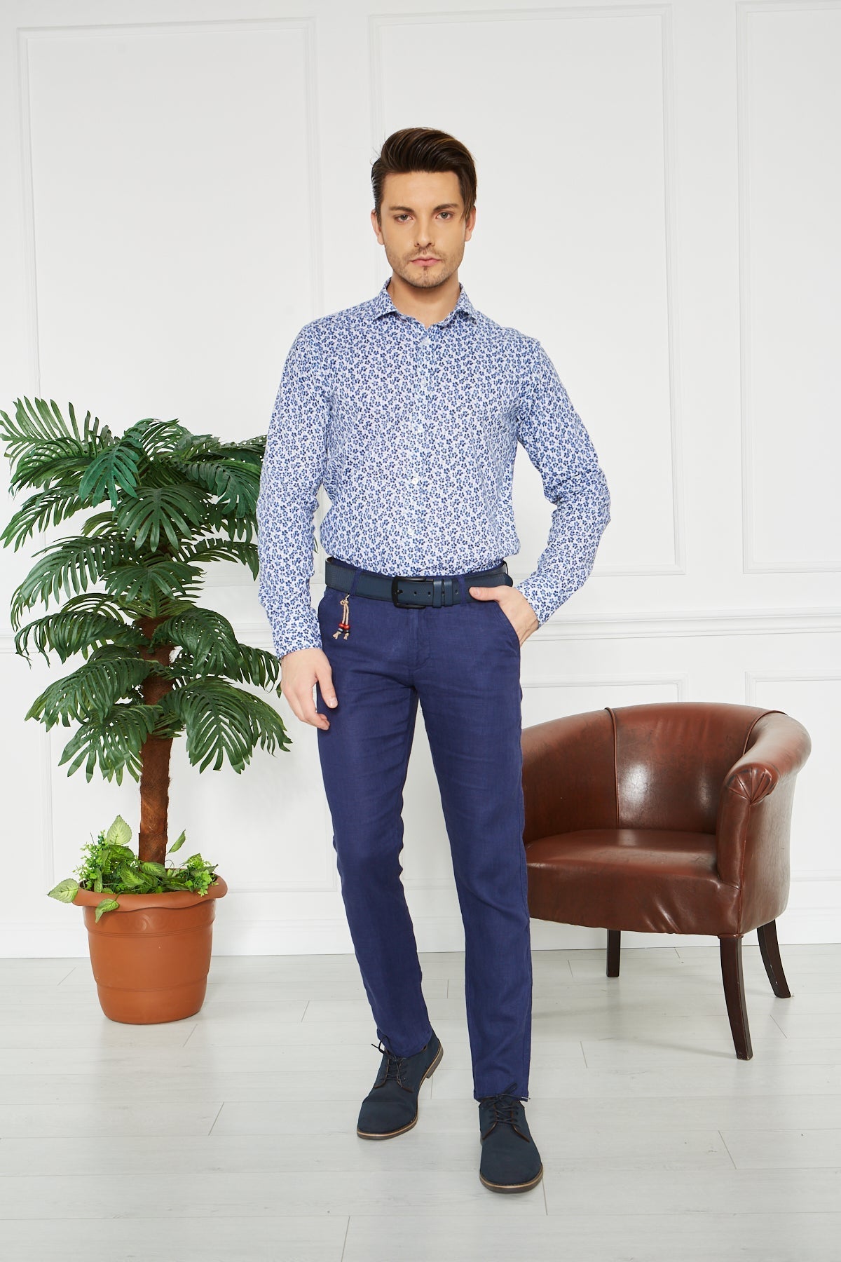 Erkek Düz İngido %100 Keten Slim Fit Pantolon