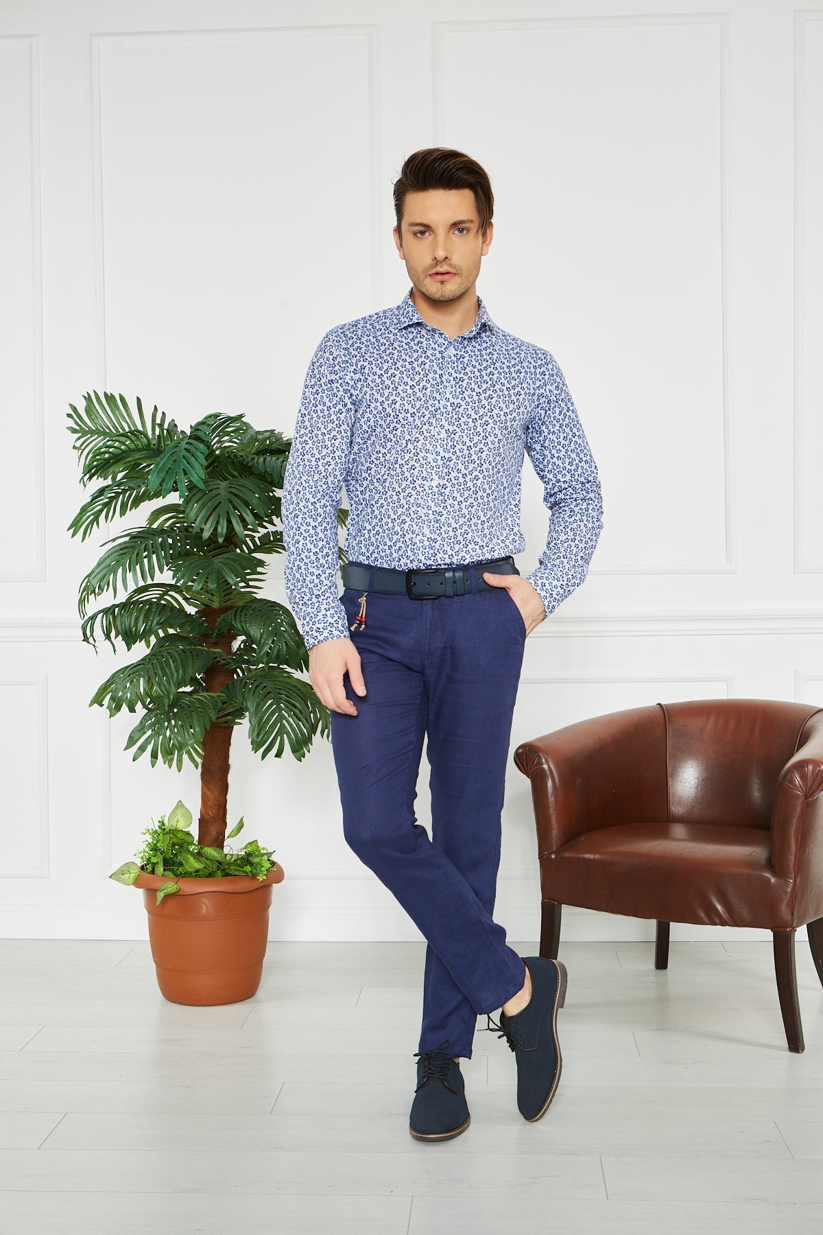 Erkek Düz İngido %100 Keten Slim Fit Pantolon