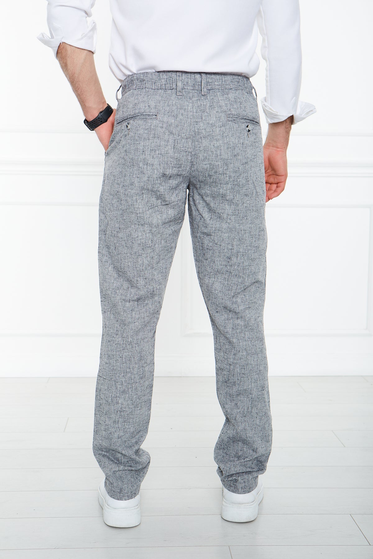 Black Flecked 100% Linen Elastic Waist Trousers 