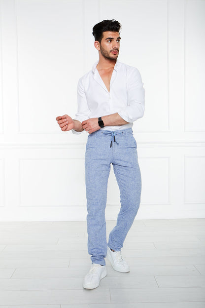 Blue Flecked 100% Linen Elastic Waist Trousers 