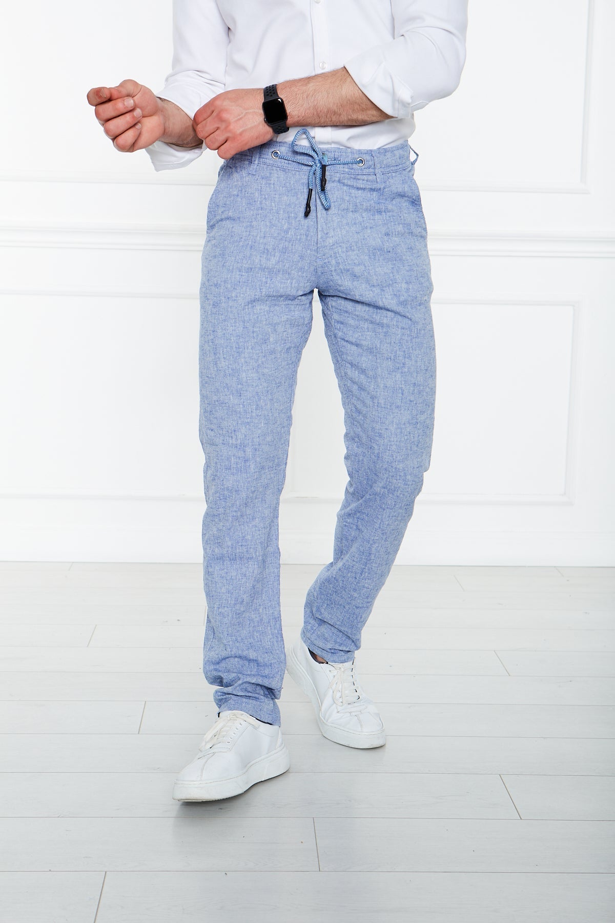 Blue Flecked 100% Linen Elastic Waist Trousers 