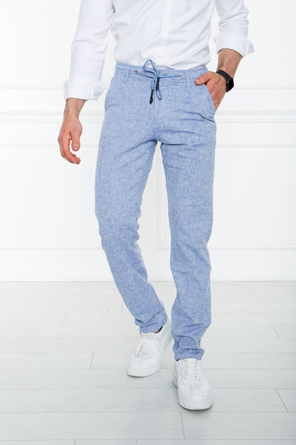 Blue Flecked 100% Linen Elastic Waist Trousers 