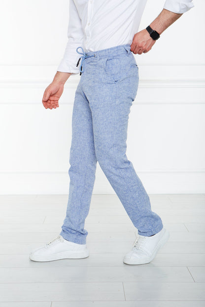 Blue Flecked 100% Linen Elastic Waist Trousers 