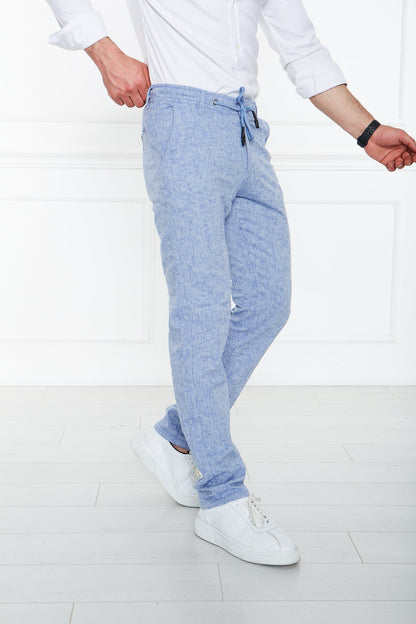 Blue Flecked 100% Linen Elastic Waist Trousers 