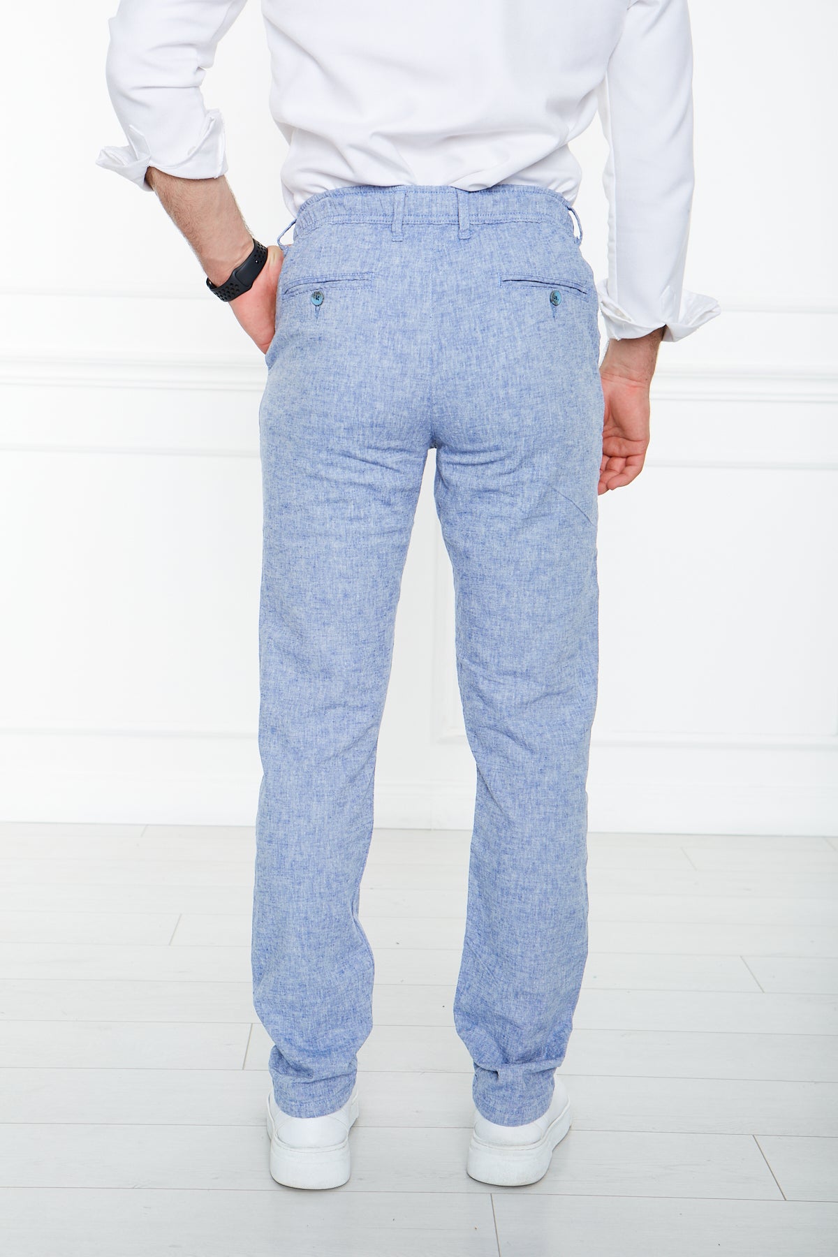 Blue Flecked 100% Linen Elastic Waist Trousers 