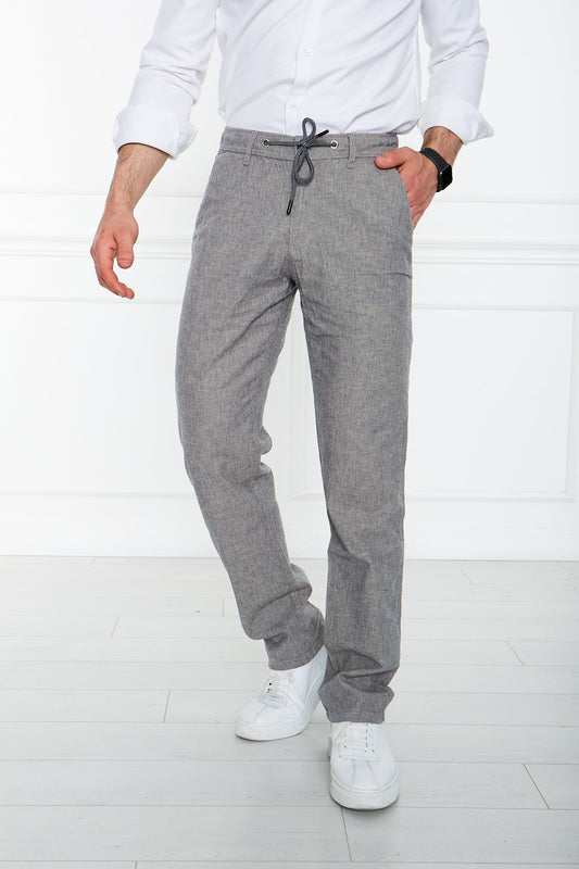 Striped Grey Regular Fit 100% Linen Trousers 